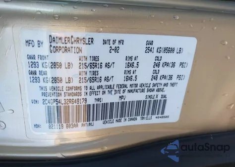 2002 Chrysler Town & Country Lxi из США, поврежденный, VIN 2C4GP54L32R649179